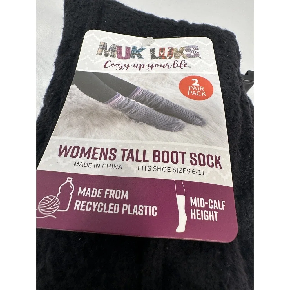 muk‎ luks womens tall boot socks fits shoe size 6-11 black 2 pairs